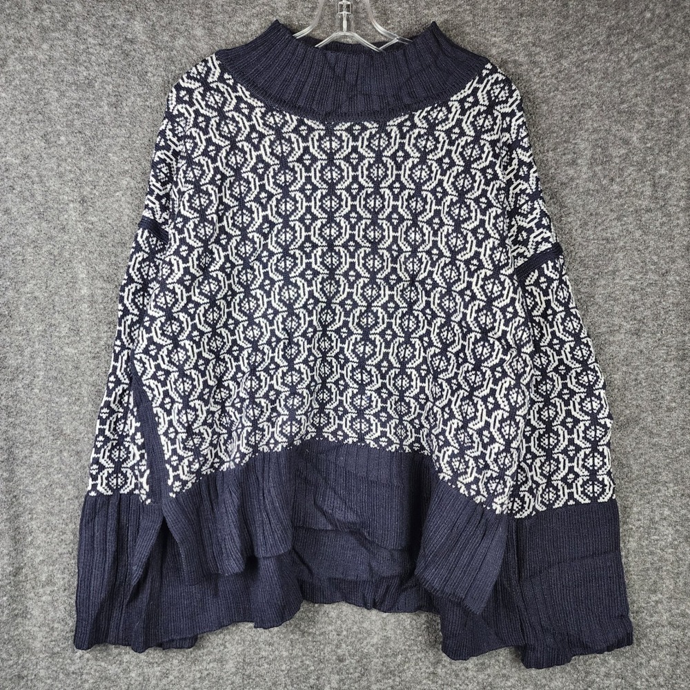 Free Assembly Fair Isle Sweater Womens XL Navy Blue Mock Neck Oversized Knit